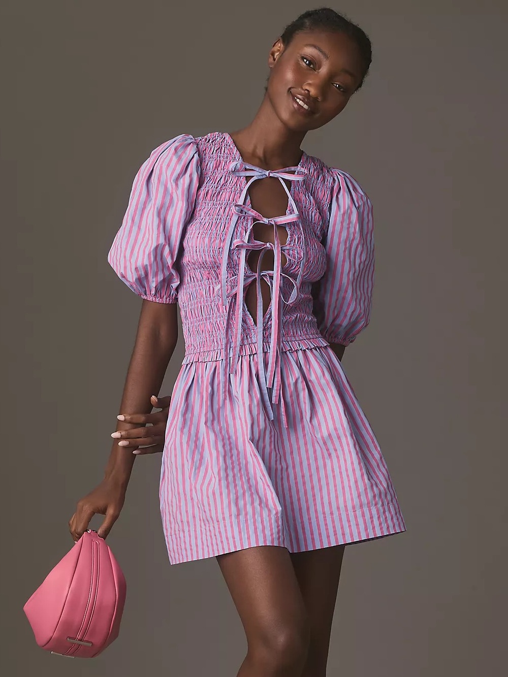Damson Madder Bluebelle Shirred Mini Dress US16 Org Cotton Smocked Stripe Anthro